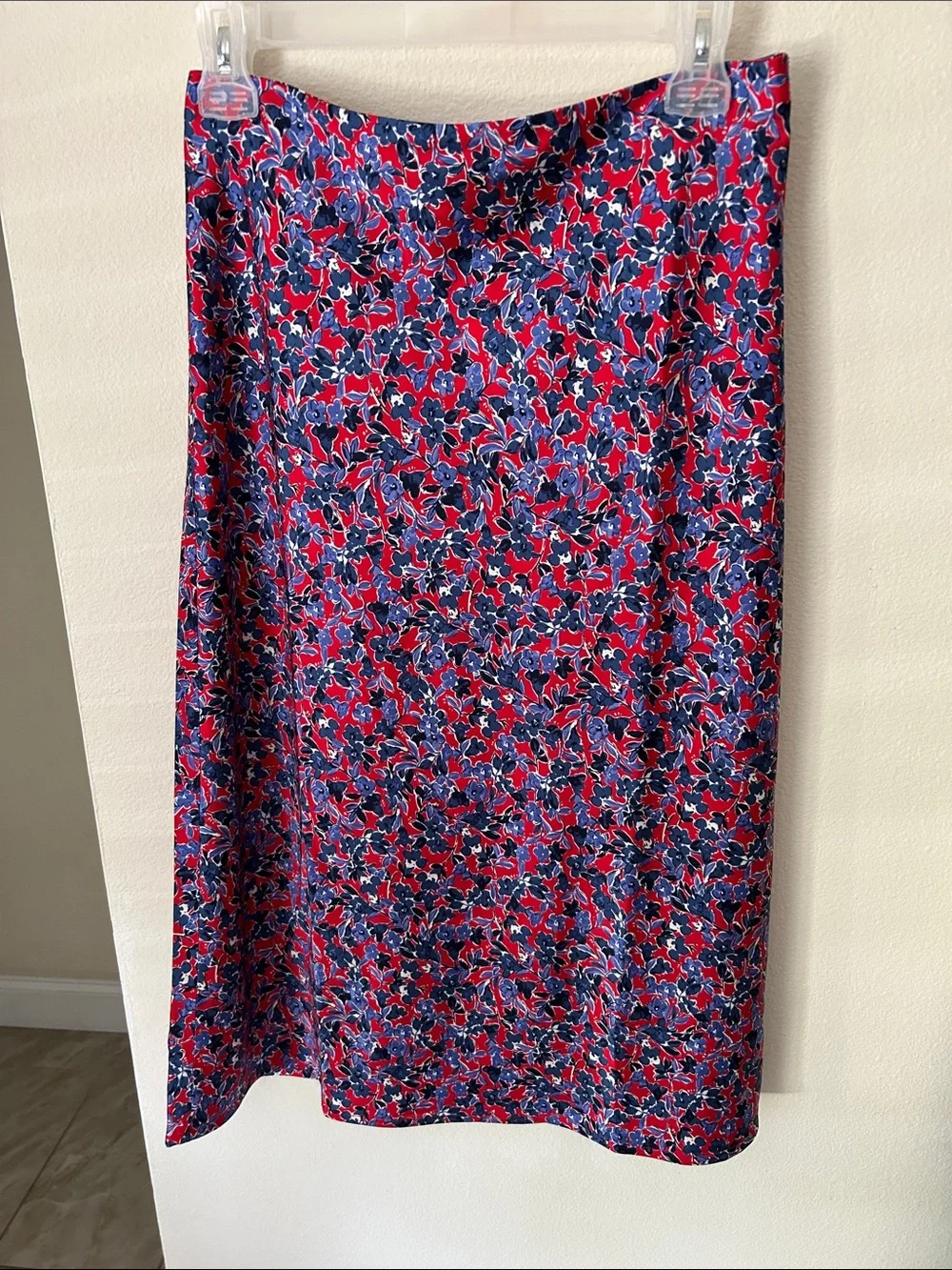 J. Crew Printed bias red blue floral slip satin pull on midi skirt S